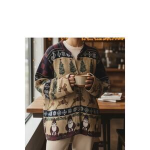 Sugar Street Weavers Vintage USA Red Green Santa Reindeer Tapestry Jacket L